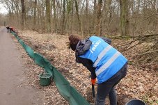 Naturschutz-Aktive beim Aufbau des Amphibienzaunes im FFH-Gebiet „Brieselang und Bredower Forst“– Foto: NABU / Laura Klein